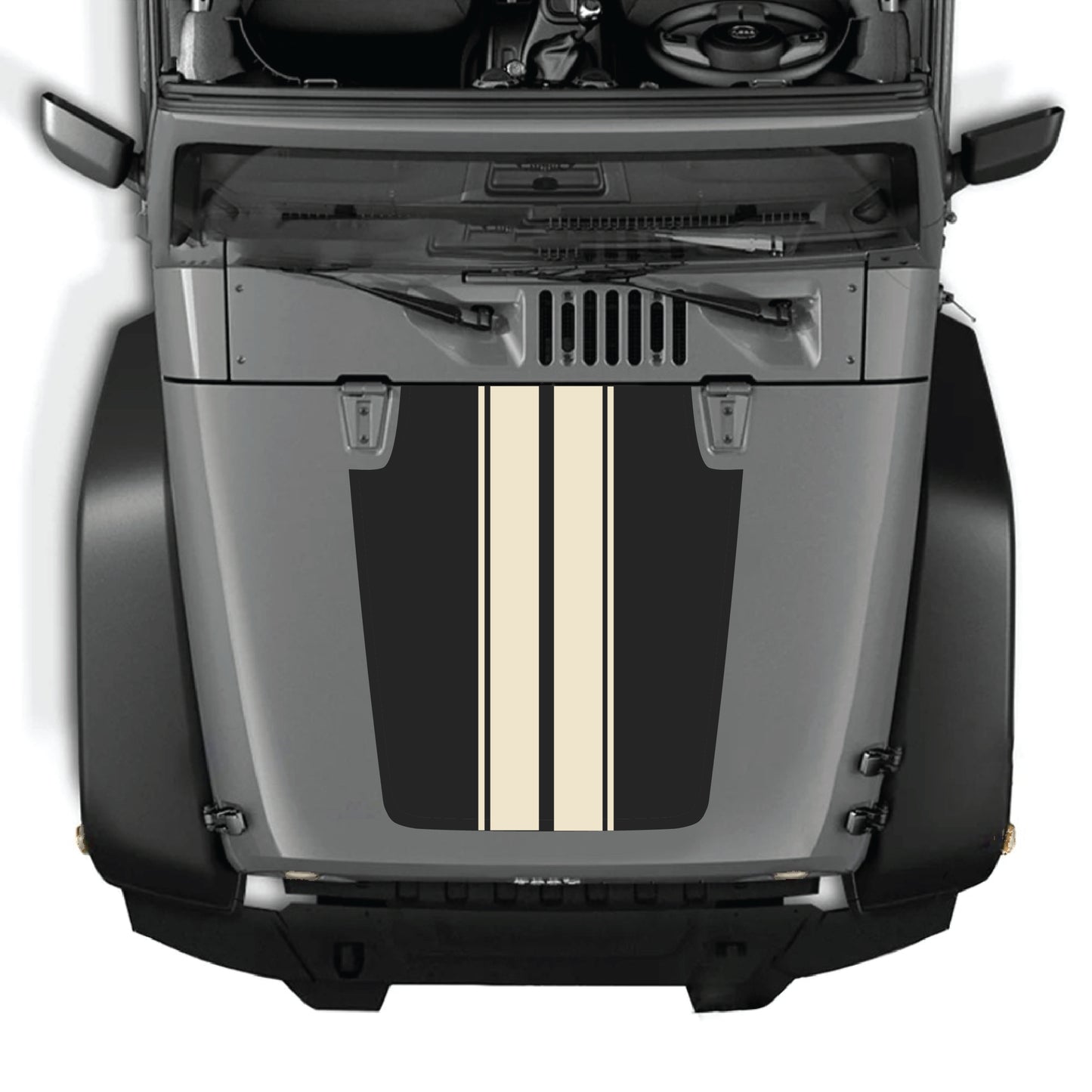 CarCode Jeep Wrangler JK JKU hood decal with black stripe graphic, made of premium vinyl, featuring bold stripe design on the hood.