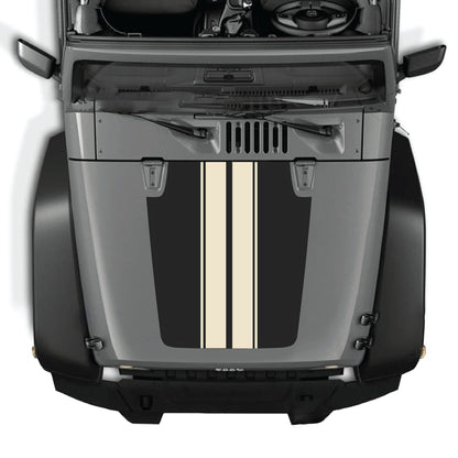 CarCode Jeep Wrangler JK JKU hood decal with black stripe graphic, made of premium vinyl, featuring bold stripe design on the hood.