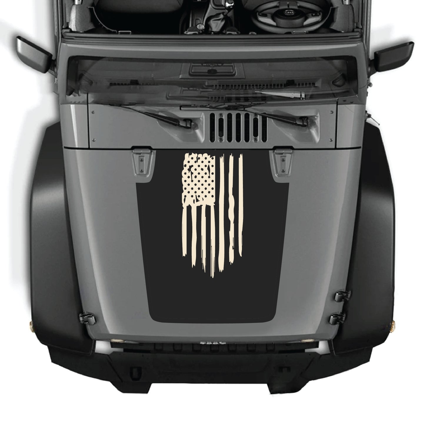 Jeep Wrangler JK hood decal with American flag graphic in premium vinyl by CarCode, designed for 2007-2018 models.