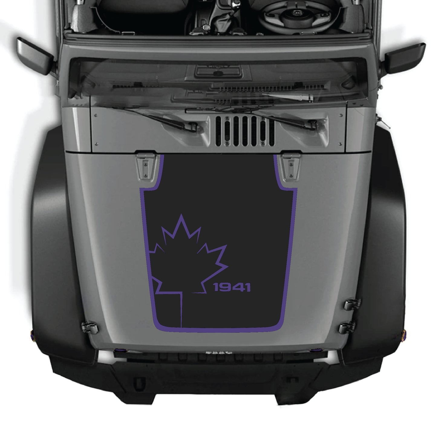 Canada leaf hood decal with border for Jeep Wrangler JK JKU, premium vinyl CarCode graphic kit, 2007-2018 model.