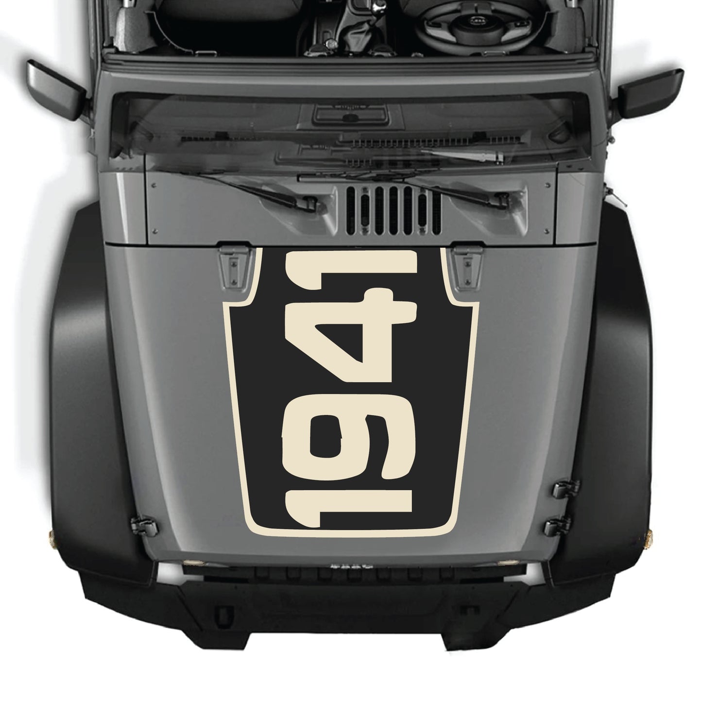Jeep Wrangler JK JKU hood decal with 1941 border graphic from CarCode, made of premium vinyl, applied on vehicle hood.