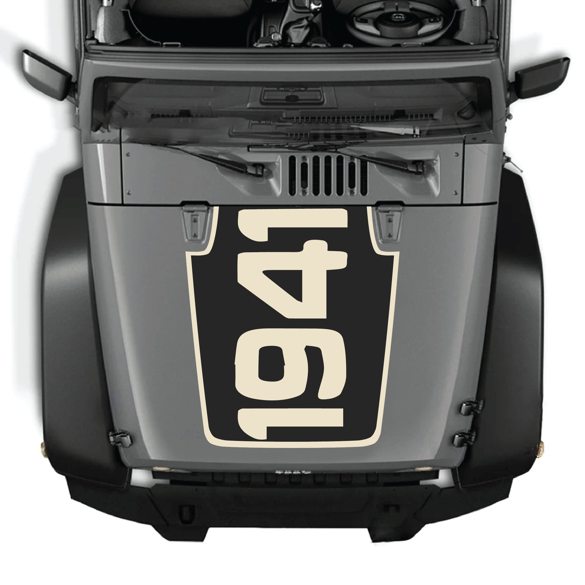 Jeep Wrangler JK JKU hood decal with 1941 border graphic from CarCode, made of premium vinyl, applied on vehicle hood.