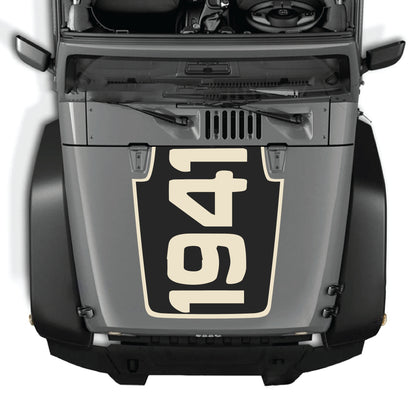 Jeep Wrangler JK JKU hood decal with 1941 border graphic from CarCode, made of premium vinyl, applied on vehicle hood.
