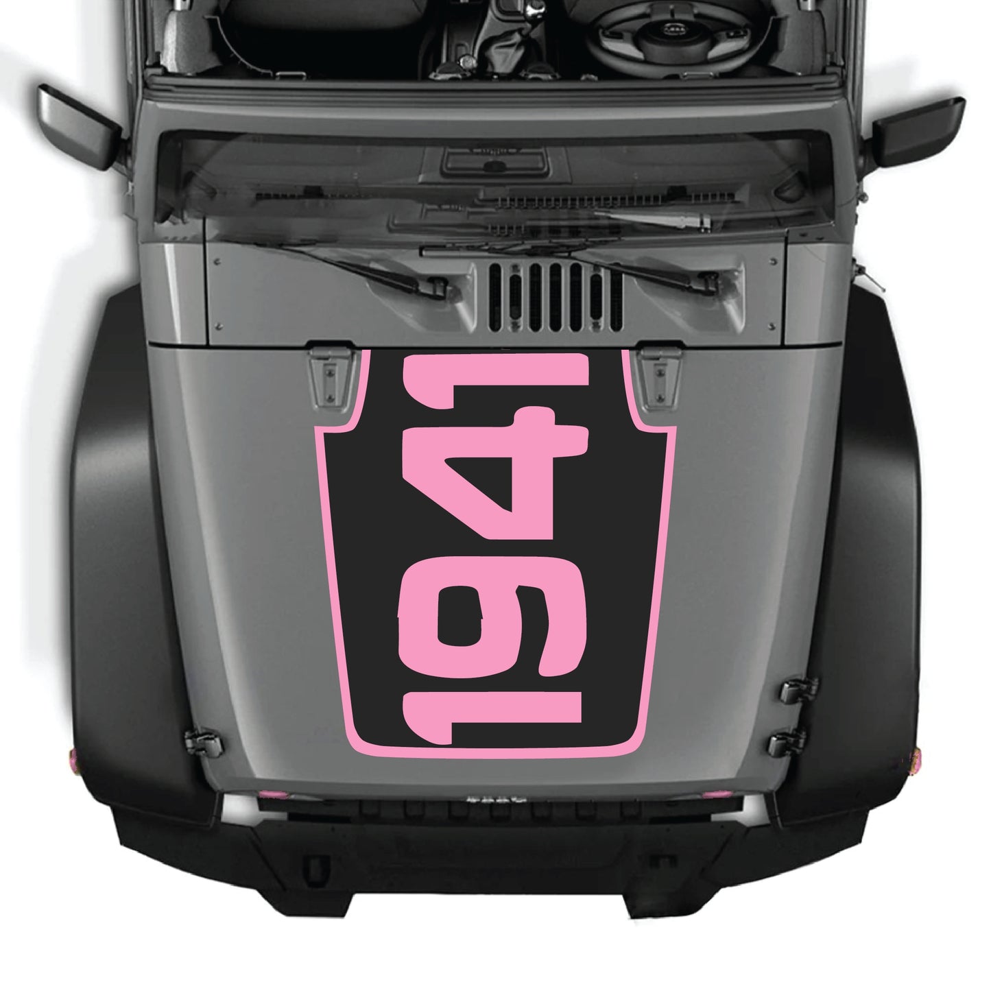 Jeep Wrangler JK JKU hood decal with 1941 border graphic kit in black premium vinyl, featuring bold vintage-style design.