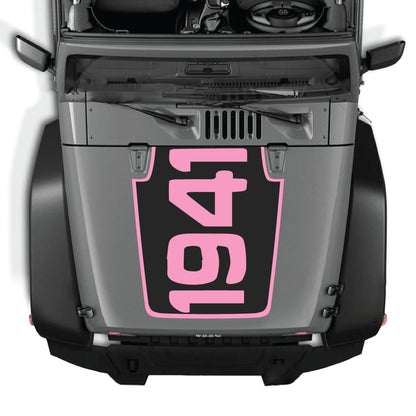 Jeep Wrangler JK JKU hood decal with 1941 border graphic kit in black premium vinyl, featuring bold vintage-style design.