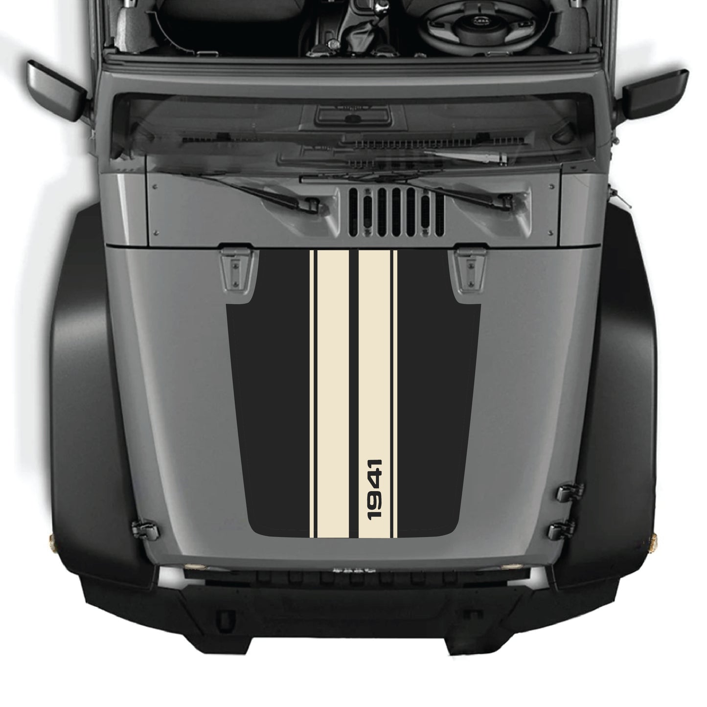 Jeep Wrangler JK JKU hood decal with 1941 stripes graphic kit in black and white vinyl, by CarCode, on a vehicle hood.