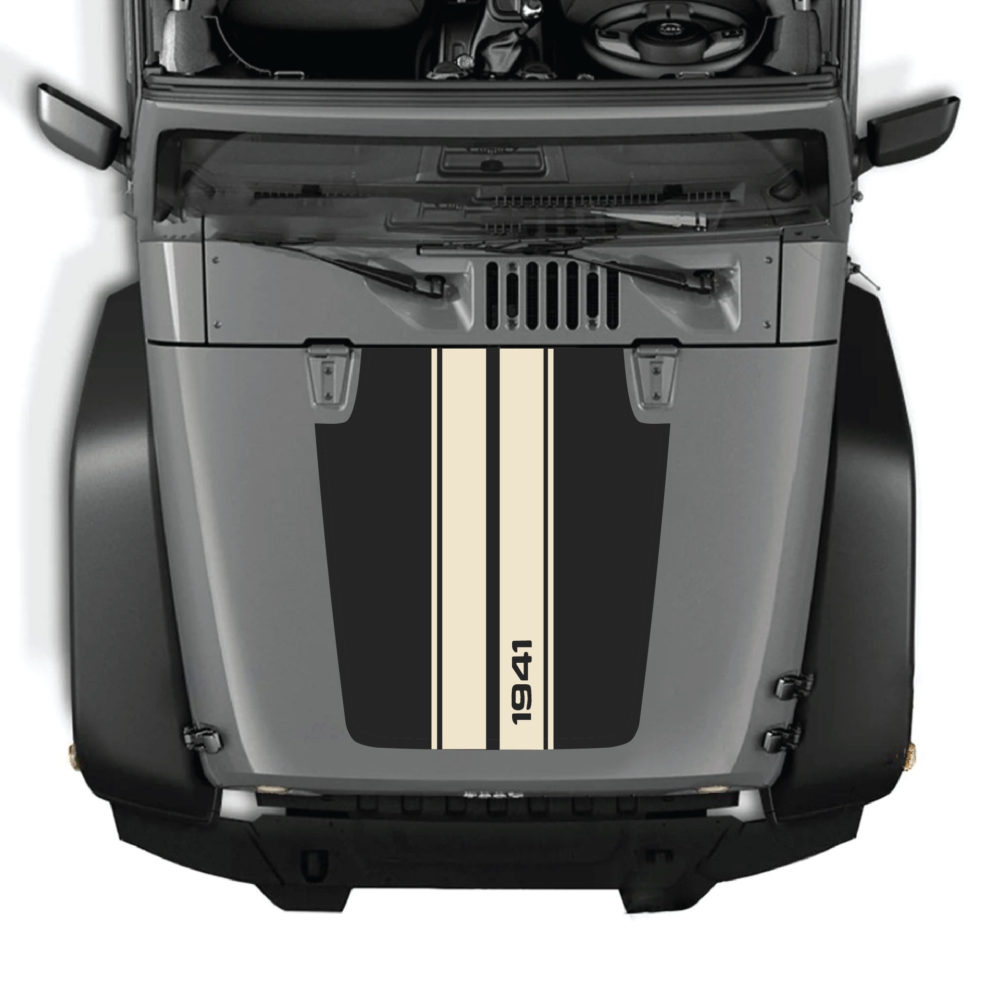 Jeep Wrangler JK JKU hood decal with 1941 stripes graphic kit in black and white vinyl, by CarCode, on a vehicle hood.