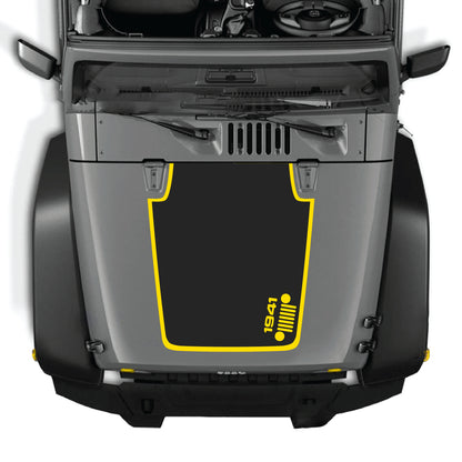 Right side Jeep Wrangler JK hood decal with 1941 grill border graphic, premium vinyl CarCode decal kit for 2007-2018 models
