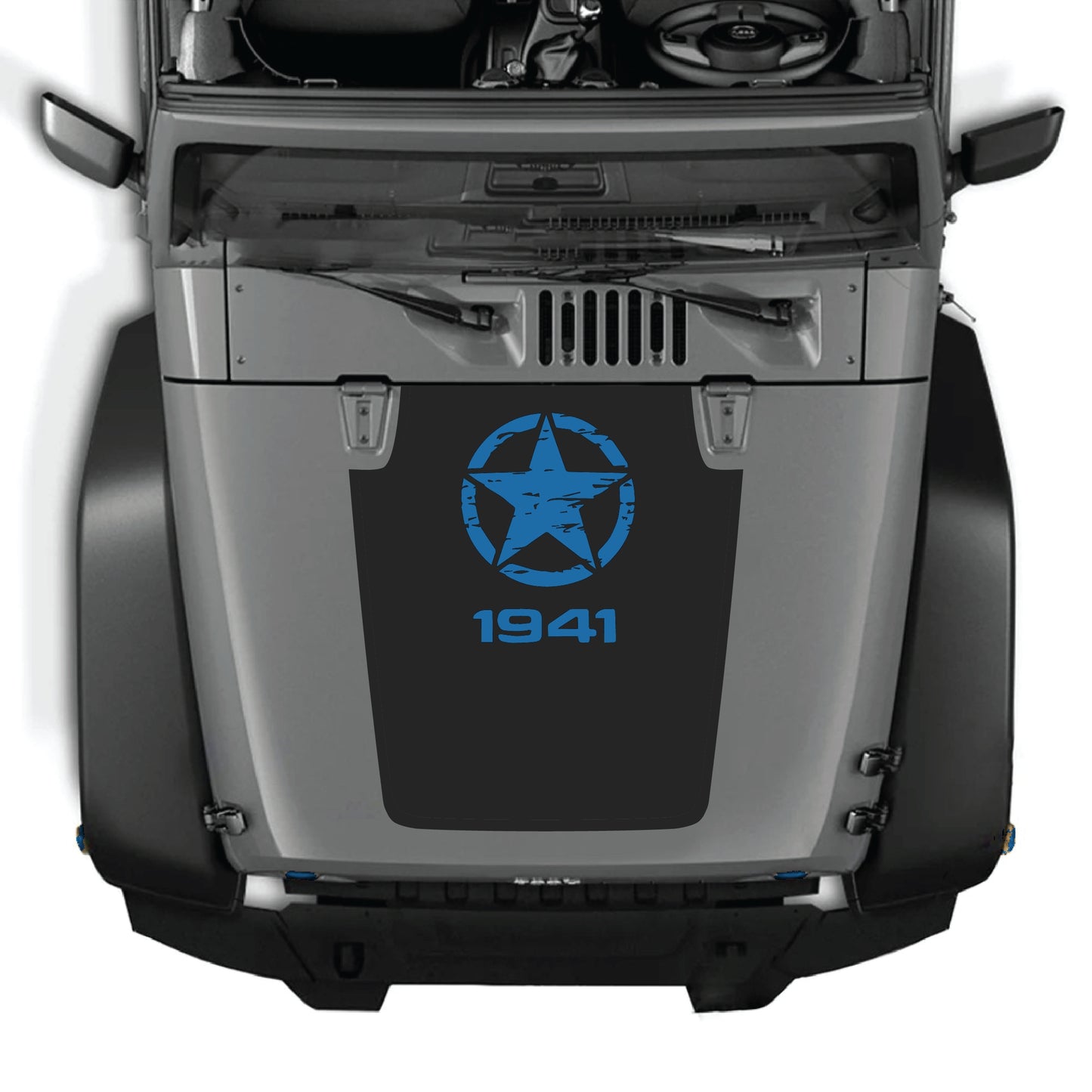 Jeep Wrangler JK JKU hood decal by CarCode featuring a top star 1941 graphic in premium vinyl, applied on the vehicle's hood.