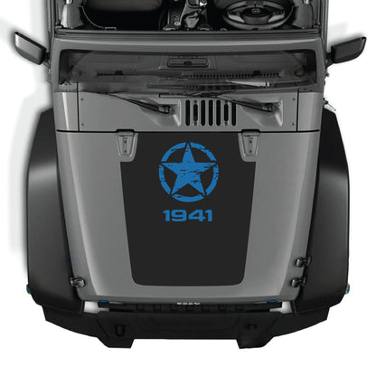 Jeep Wrangler JK JKU hood decal by CarCode featuring a top star 1941 graphic in premium vinyl, applied on the vehicle's hood.