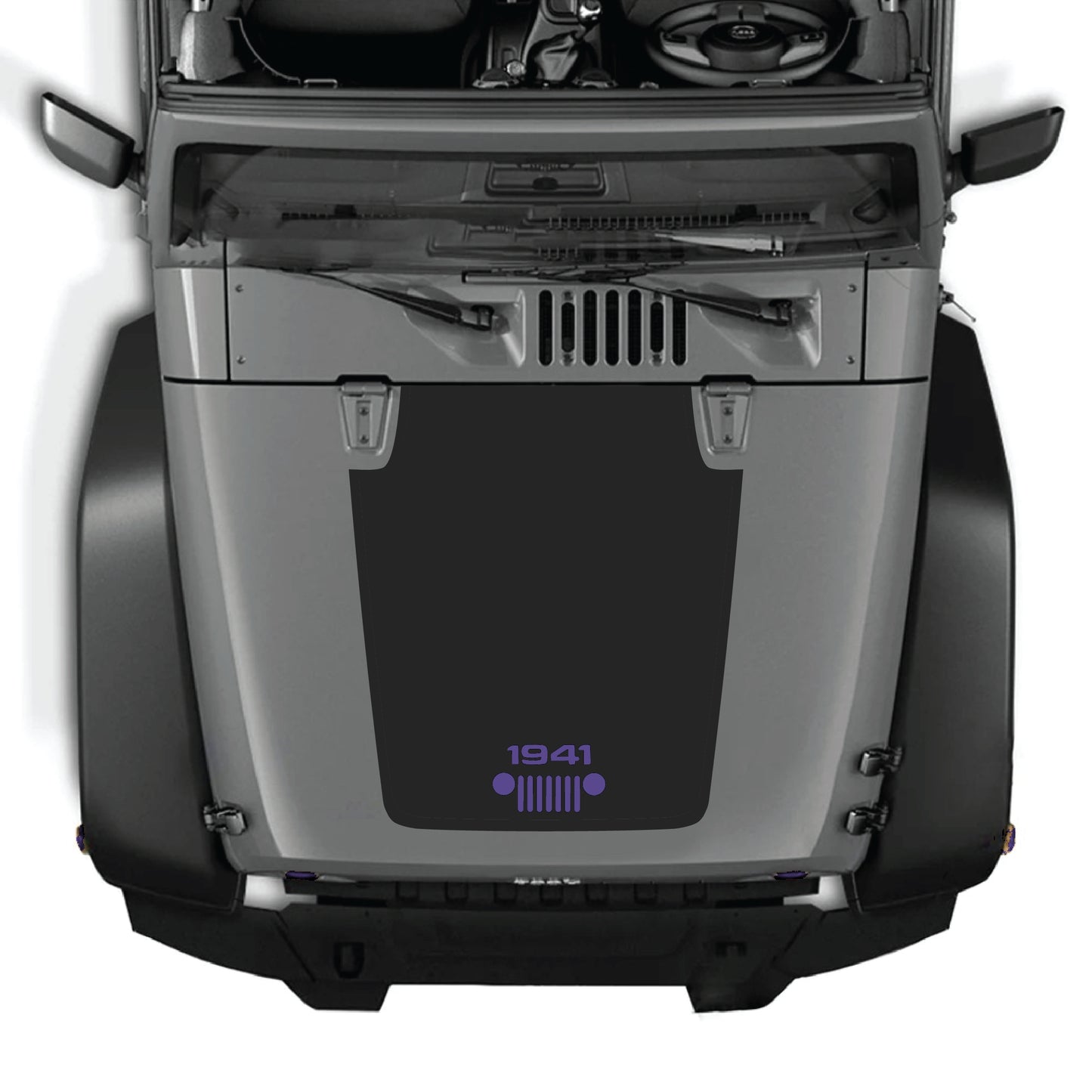 Jeep Wrangler JK hood decal with 1941 grill graphic in black premium vinyl by CarCode, designed for 2007-2018 models.