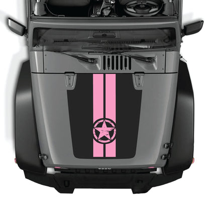 Jeep Wrangler JK hood decal with star and stripes graphic in black and white vinyl by CarCode, designed for 2007-2018 models.