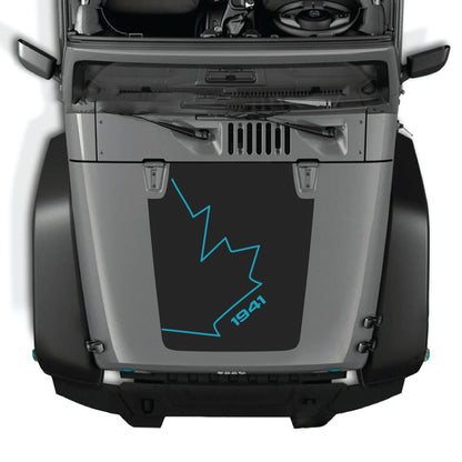 CarCode Jeep Wrangler JK hood decal featuring Canada full leaf 1941 graphic, made with premium vinyl for outdoor durability.