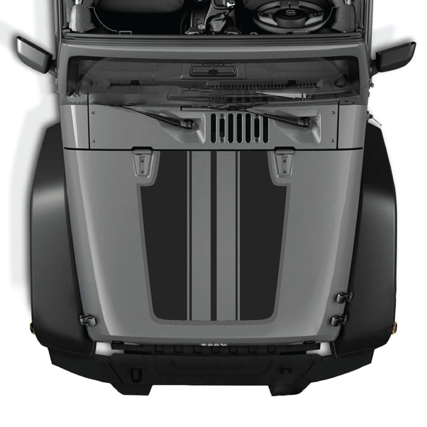 Jeep Wrangler JK calcomanía para capó con kit gráfico de franjas negras y blancas, hecha de vinilo premium para un look personalizado y elegante.