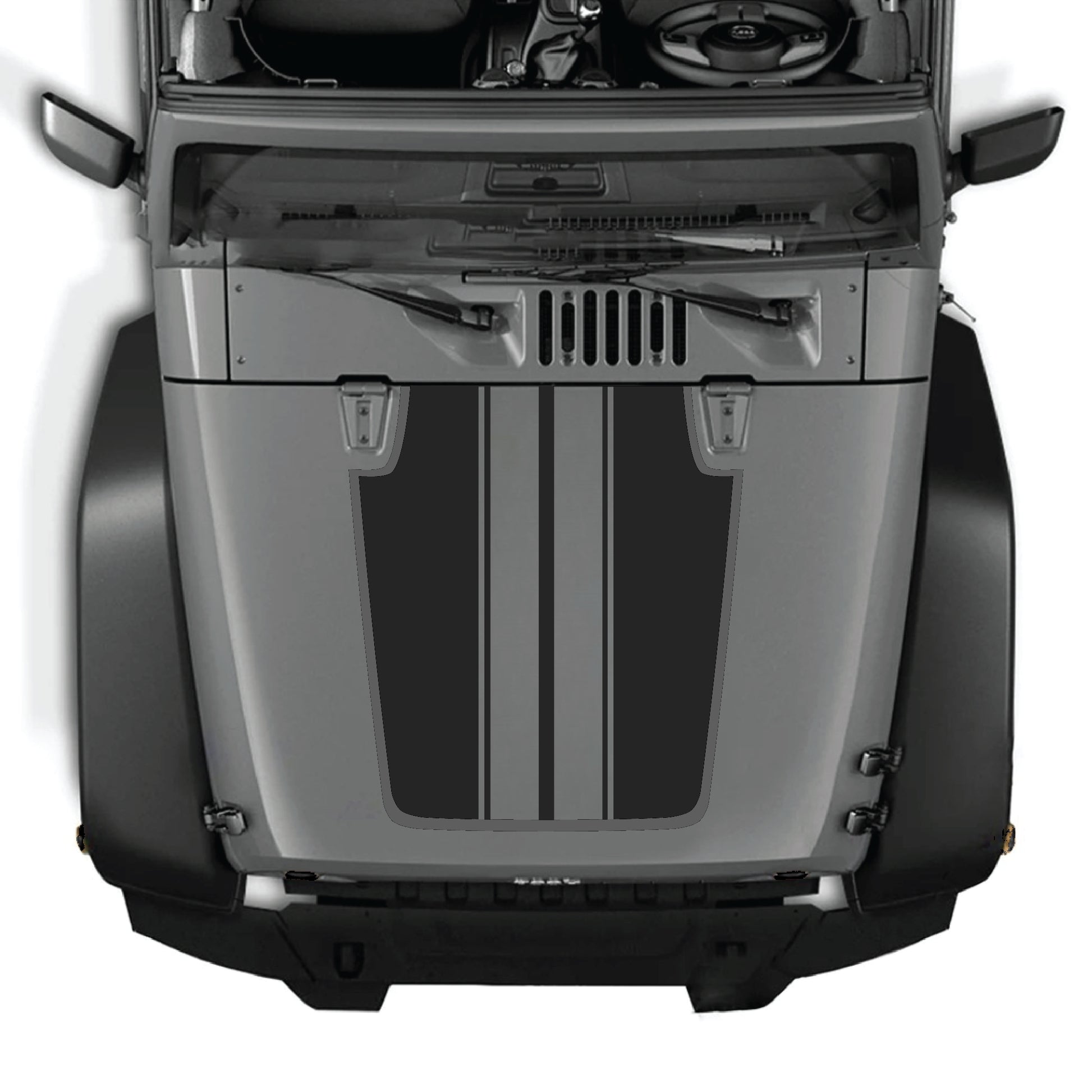 Jeep Wrangler JK calcomanía para capó con kit gráfico de franjas negras y blancas, hecha de vinilo premium para un look personalizado y elegante.