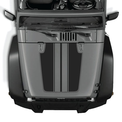Jeep Wrangler JK calcomanía para capó con kit gráfico de franjas negras y blancas, hecha de vinilo premium para un look personalizado y elegante.