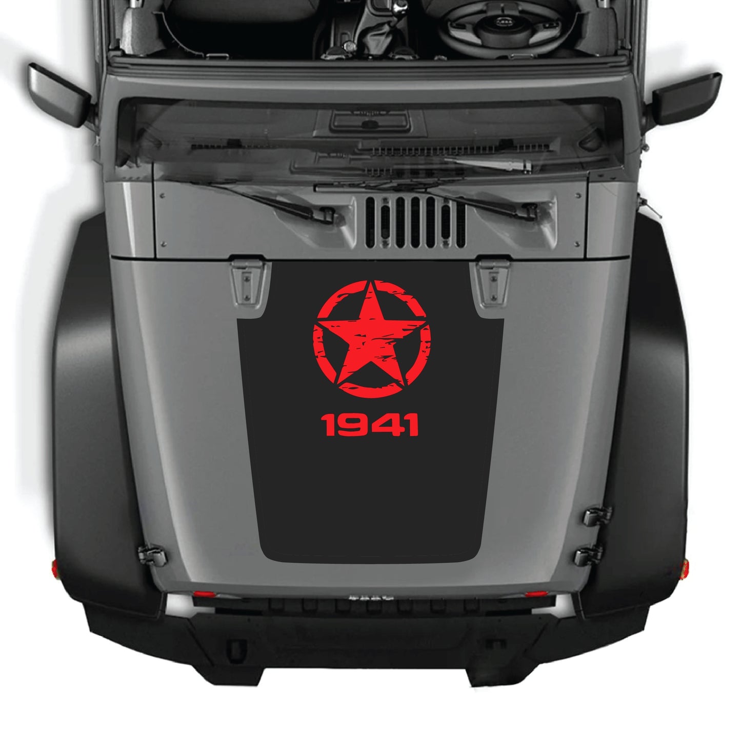 Jeep Wrangler JK hood decal graphic kit with a top star design, made of premium vinyl by CarCode, for 2007-2018 models.