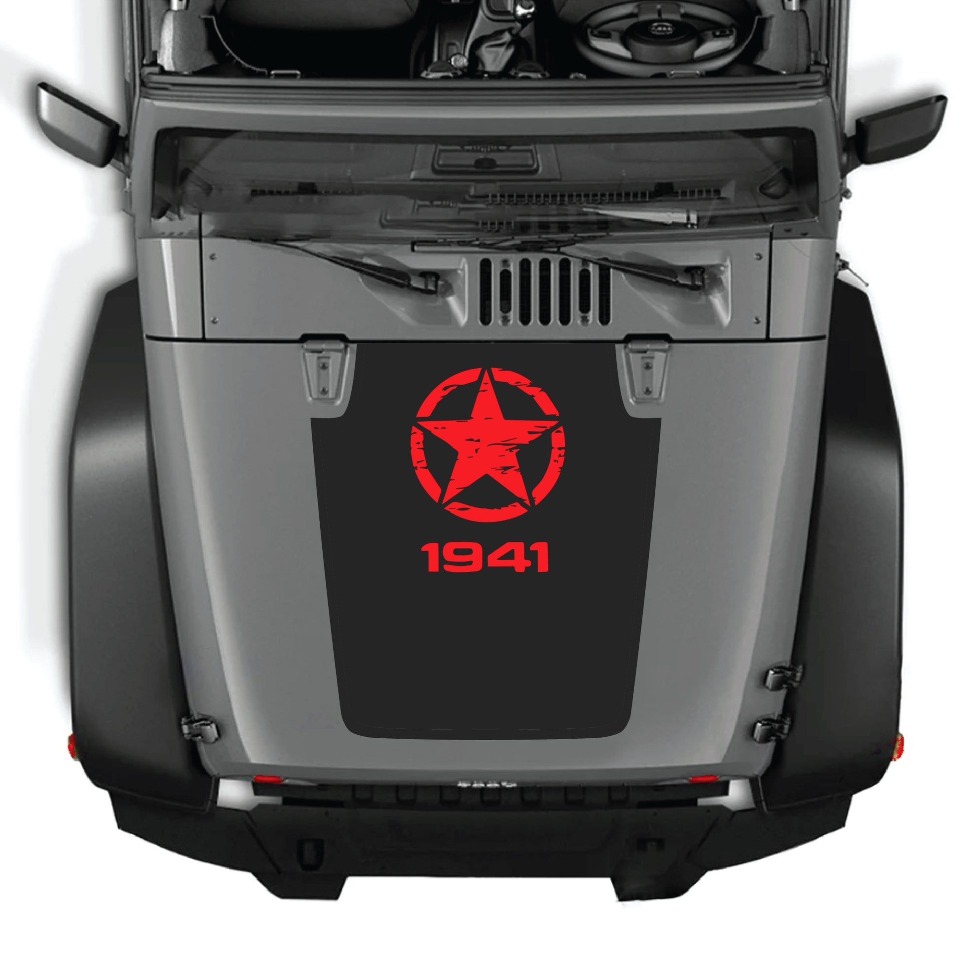 Jeep Wrangler JK hood decal graphic kit with a top star design, made of premium vinyl by CarCode, for 2007-2018 models.