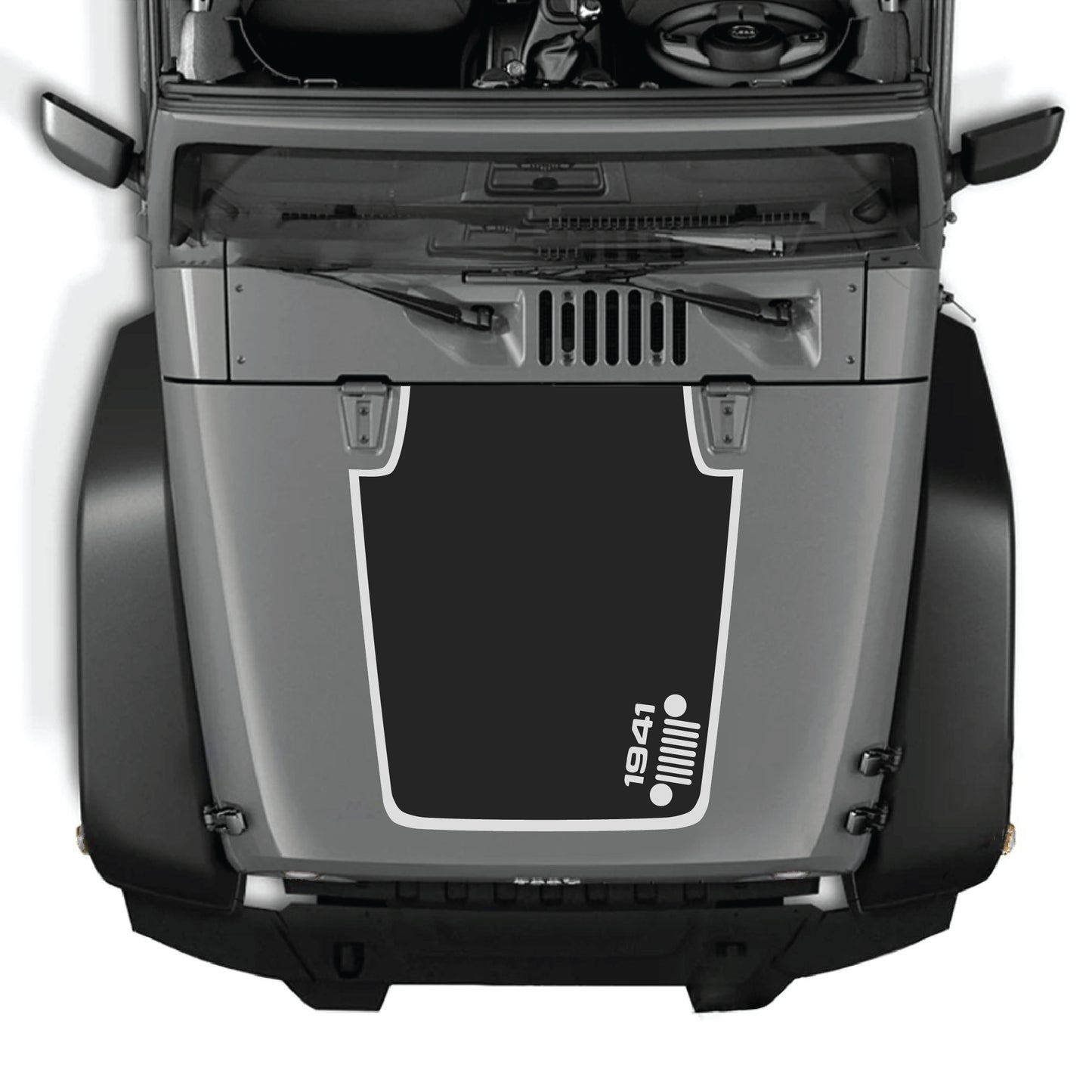 Right side hood decal with 1941 Jeep grill border graphic for Jeep Wrangler JK JKU 2007-2018, premium vinyl CarCode decal kit