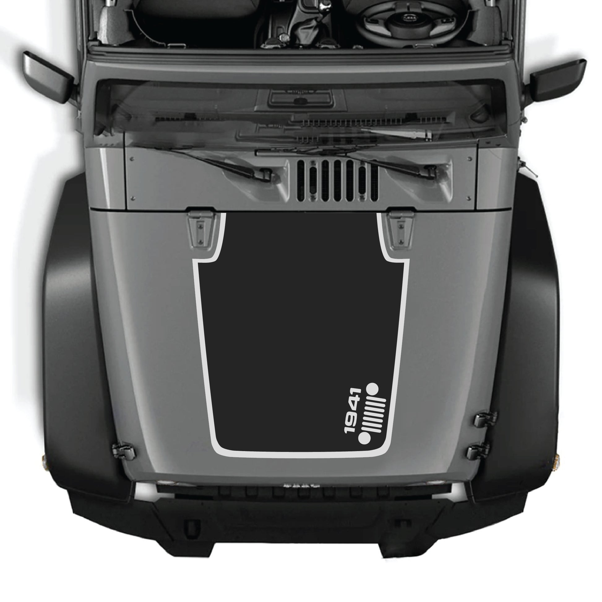 Right side hood decal with 1941 Jeep grill border graphic for Jeep Wrangler JK JKU 2007-2018, premium vinyl CarCode decal kit