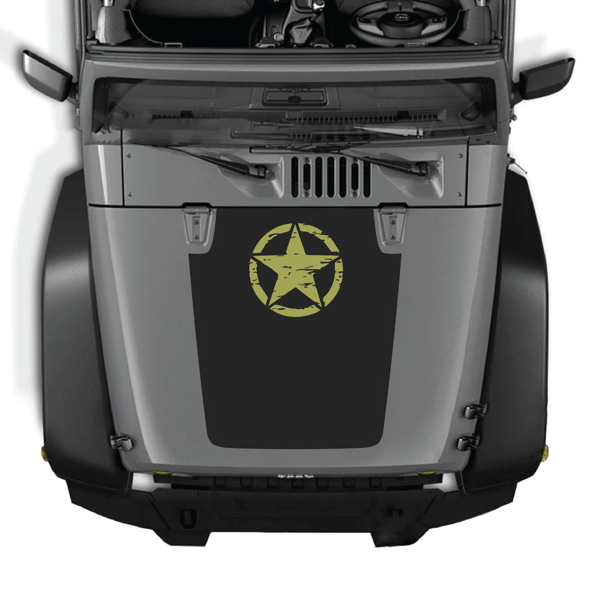 Jeep Wrangler JK JKU hood decal with top star graphic from CarCode, made of premium vinyl, applied on vehicle's hood.