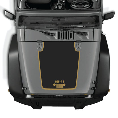 Jeep Wrangler JK hood decal with 1941 grill and border graphic kit in black premium vinyl by CarCode, designed for 2007-2018 models.