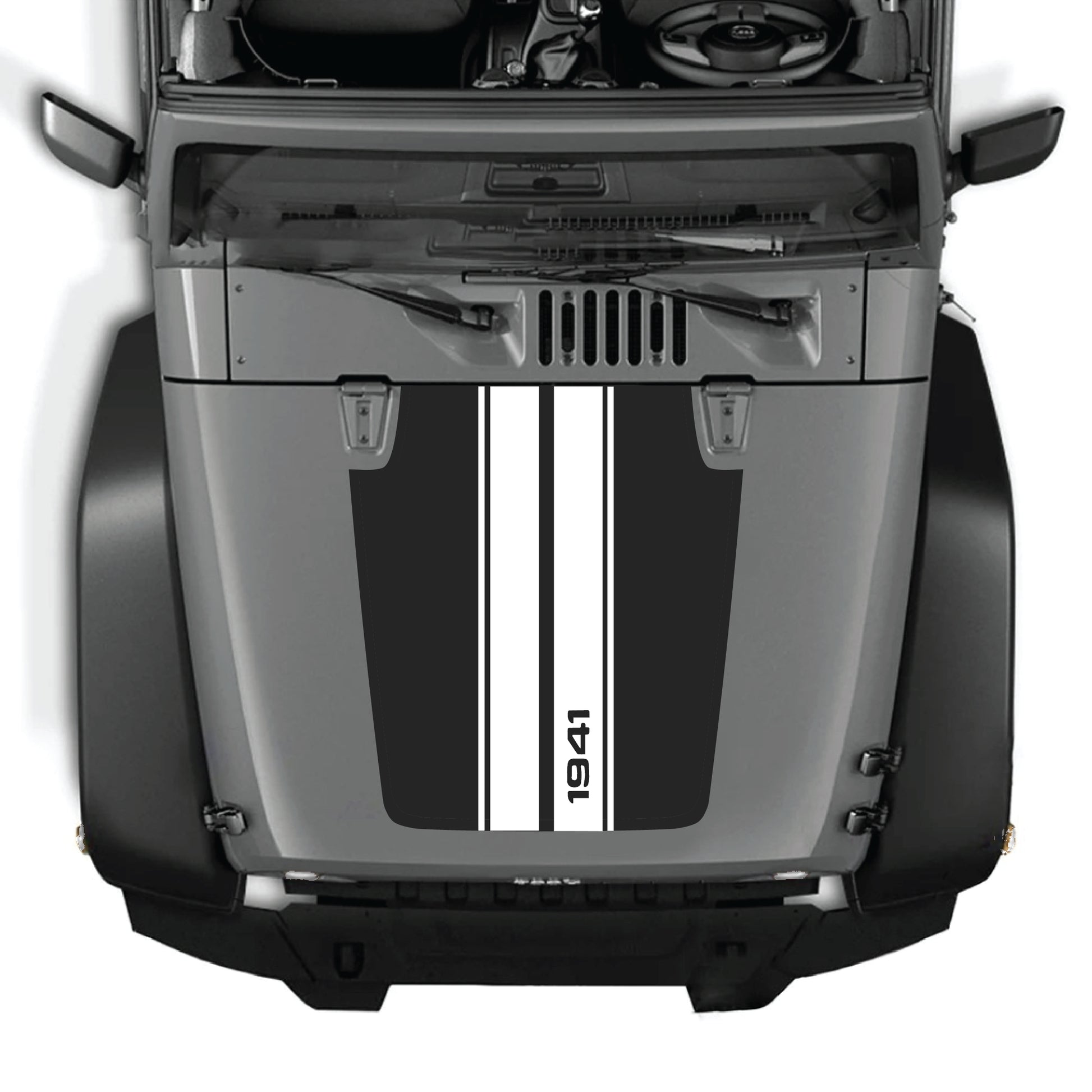 Jeep Wrangler JK hood decal with 1941 Stripes graphic kit in black and white premium vinyl, featuring bold stripe design.