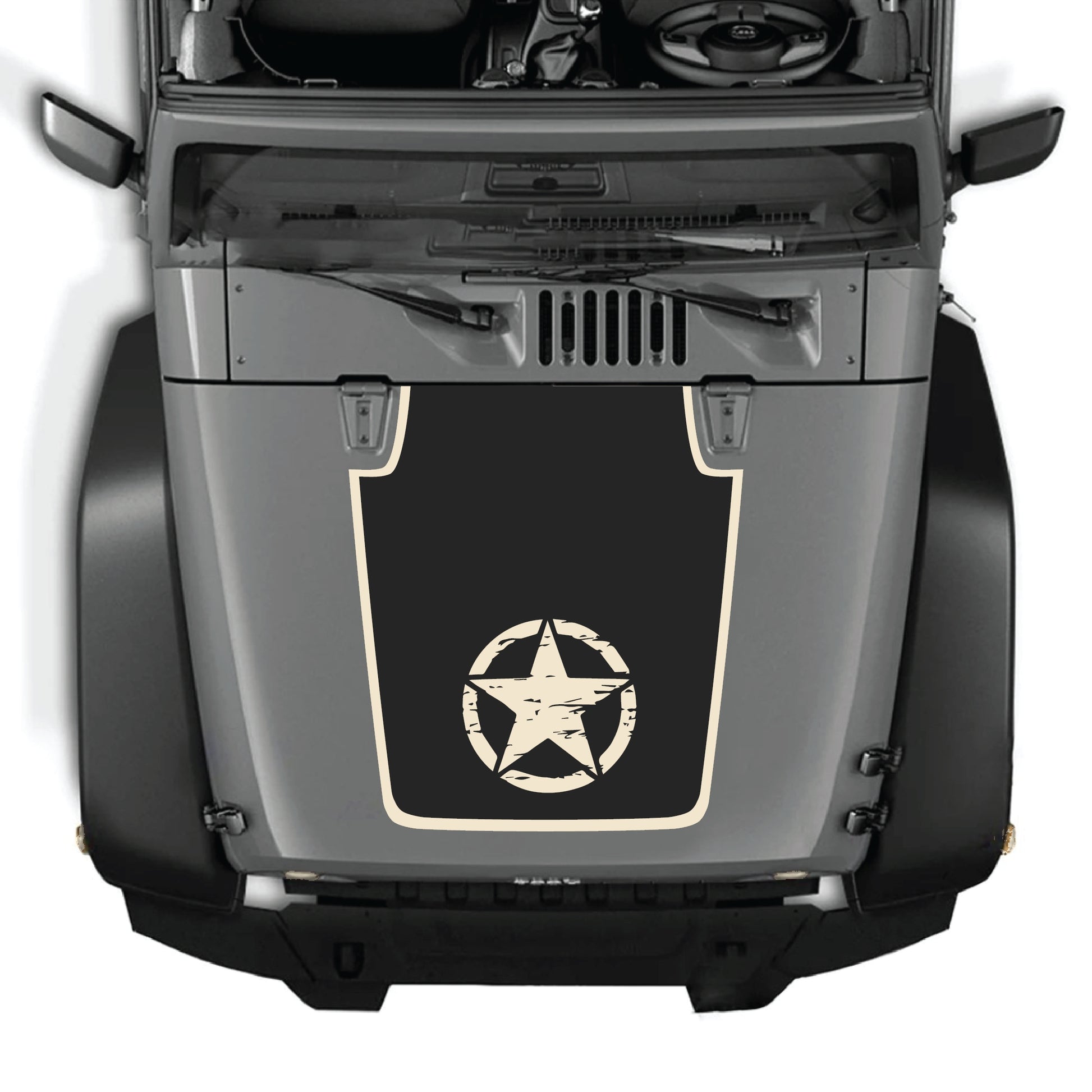 Jeep Wrangler JK JKU hood decal with center star and border graphic, premium vinyl CarCode hood panel sticker on vehicle.