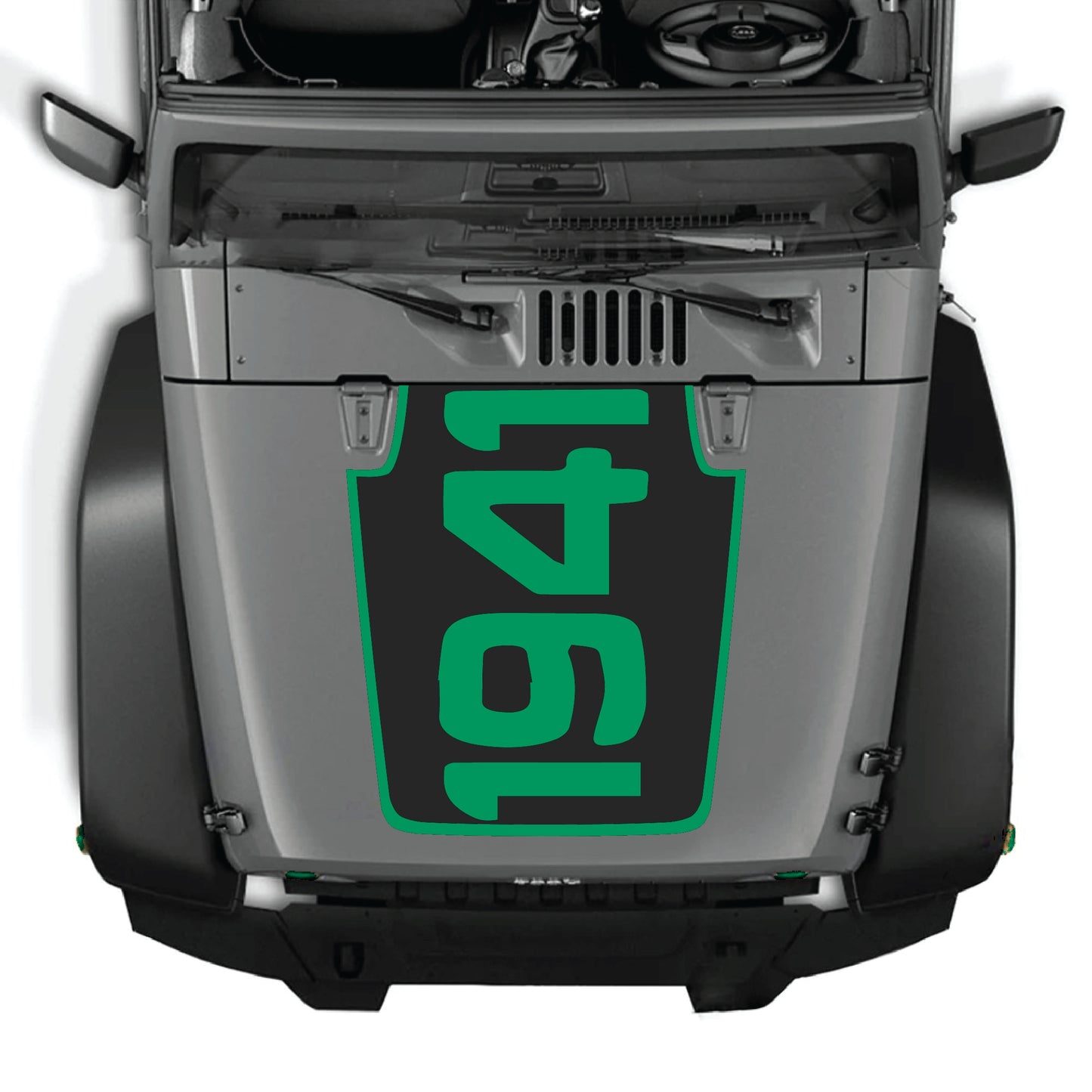 Jeep Wrangler JK JKU hood decal with "1941" and border graphic in black premium vinyl by CarCode on vehicle hood