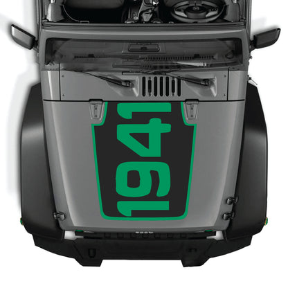 Jeep Wrangler JK JKU hood decal with "1941" and border graphic in black premium vinyl by CarCode on vehicle hood