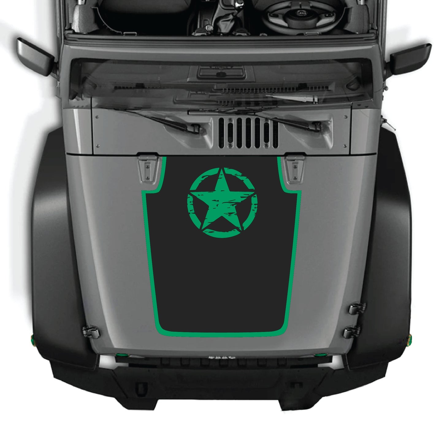 Jeep Wrangler JK hood decal featuring a top star with border graphic in black premium vinyl by CarCode.