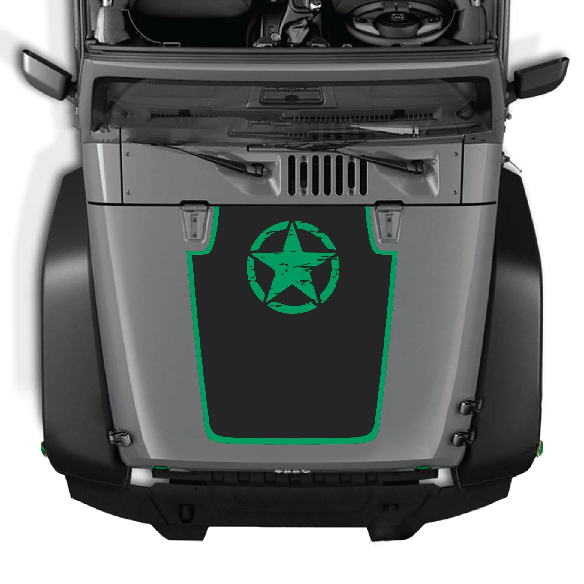 Jeep Wrangler JK hood decal featuring a top star with border graphic in black premium vinyl by CarCode.