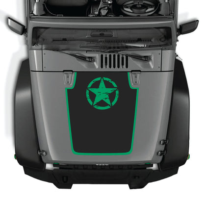 Jeep Wrangler JK hood decal featuring a top star with border graphic in black premium vinyl by CarCode.