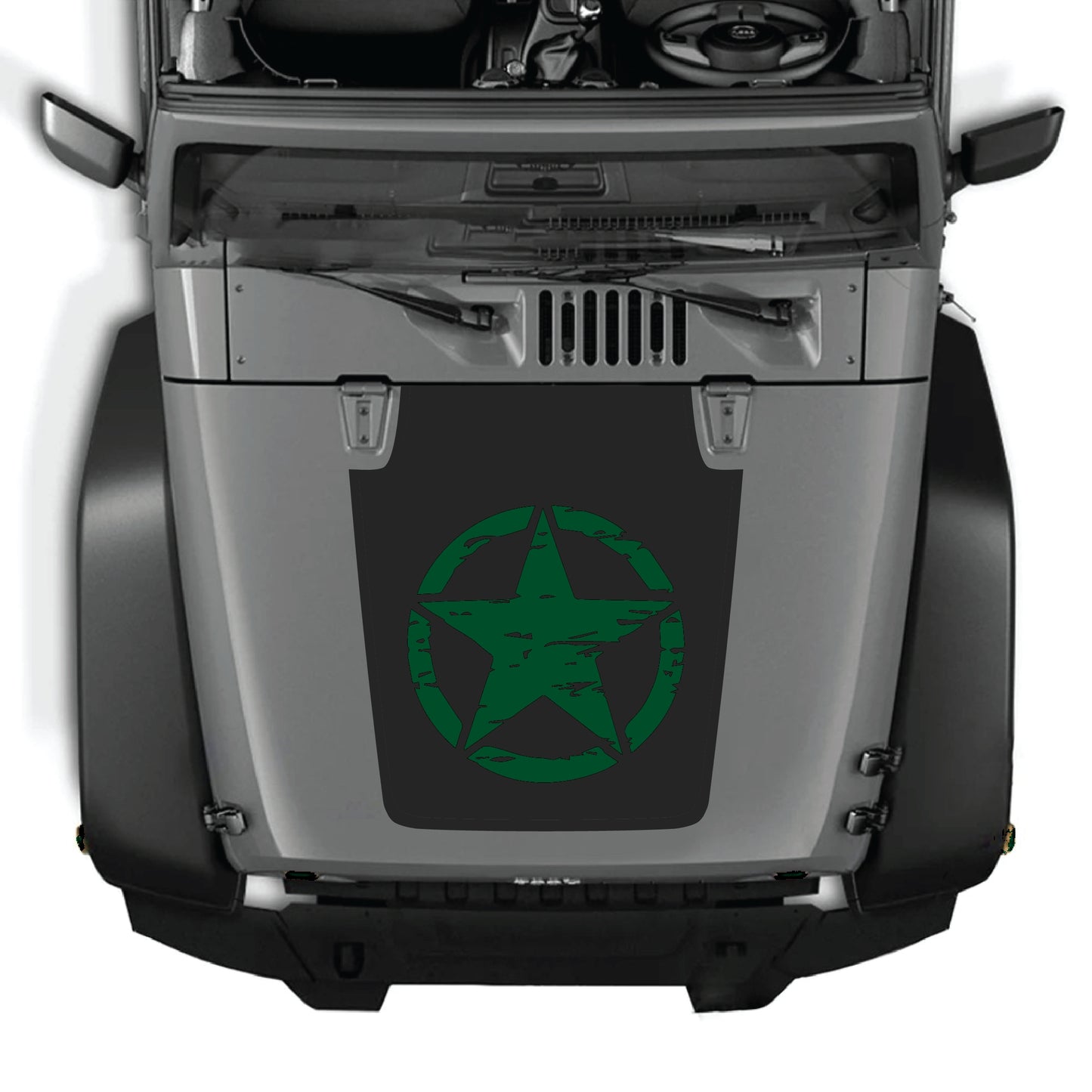 Full Jeep Wrangler JK JKU hood decal graphic kit with star design, premium vinyl CarCode hood panel decal sticker.