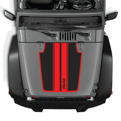 Jeep Wrangler JK hood decal with 1941 stripes and border graphic in premium vinyl, designed for 2007-2018 models.