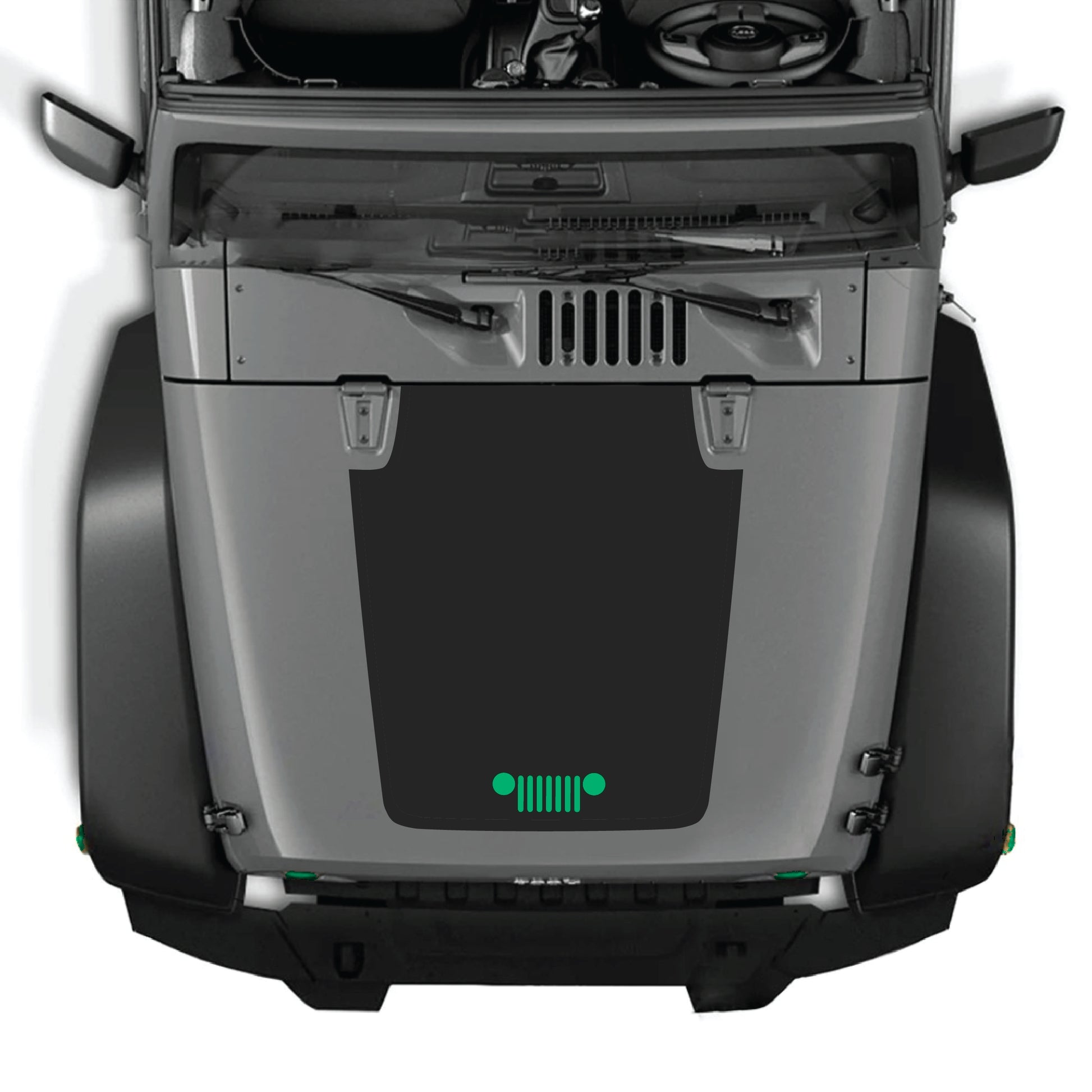 Jeep Wrangler JK JKU hood decal graphic kit by CarCode, featuring a premium vinyl grill decal for 2007-2018 models.