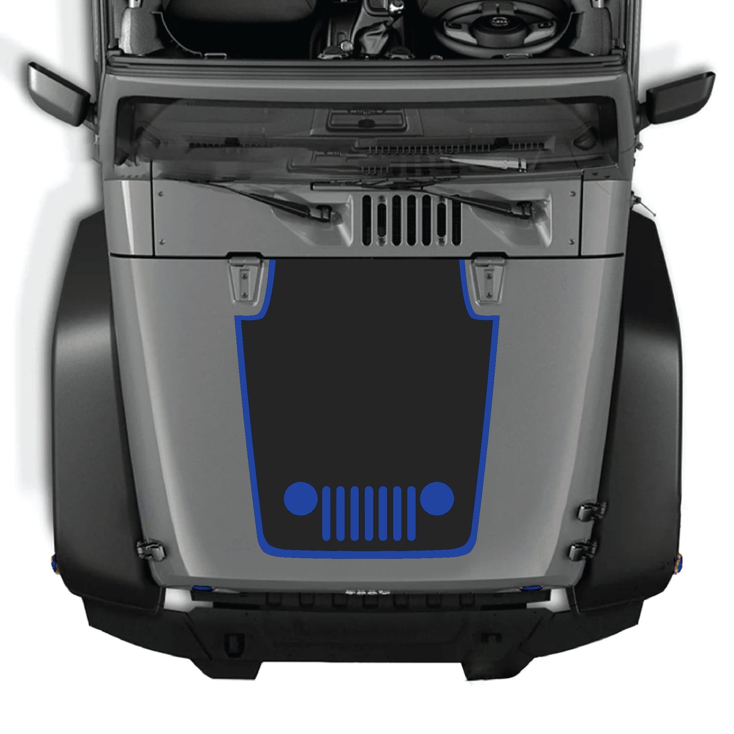 Jeep Wrangler JK JKU hood decal kit with center grill border graphic, premium vinyl, designed for 2007-2018 models by CarCode.