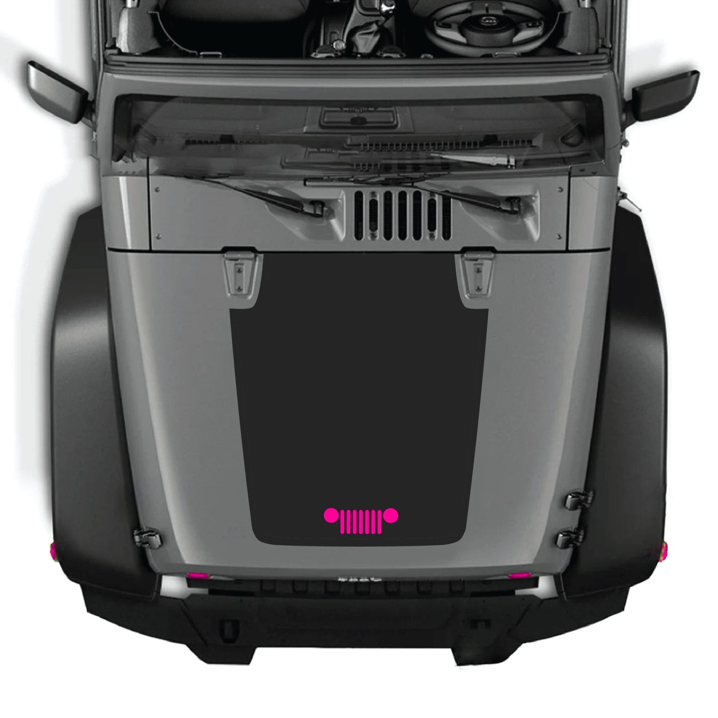 Jeep Wrangler JK JKU hood decal graphic kit by CarCode, featuring bold vinyl grill decal for 2007-2018 models.