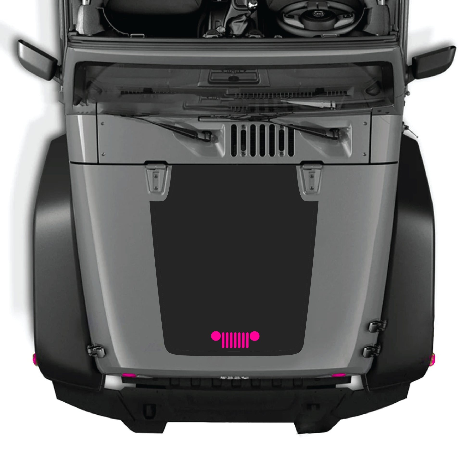 Jeep Wrangler JK JKU hood decal graphic kit by CarCode, featuring bold vinyl grill decal for 2007-2018 models.