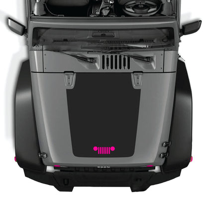 Jeep Wrangler JK JKU hood decal graphic kit by CarCode, featuring bold vinyl grill decal for 2007-2018 models.