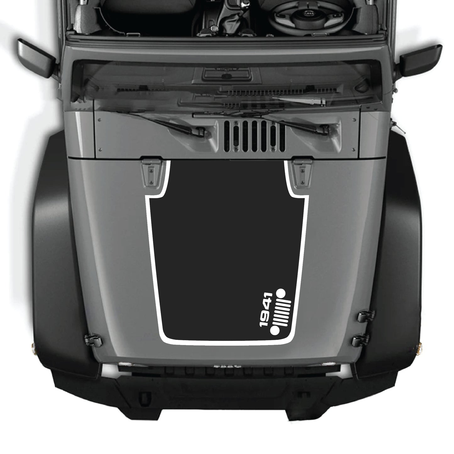 Right side hood decal with 1941 Jeep grill border graphic for Jeep Wrangler JK JKU 2007-2018, made from premium vinyl by CarCode.
