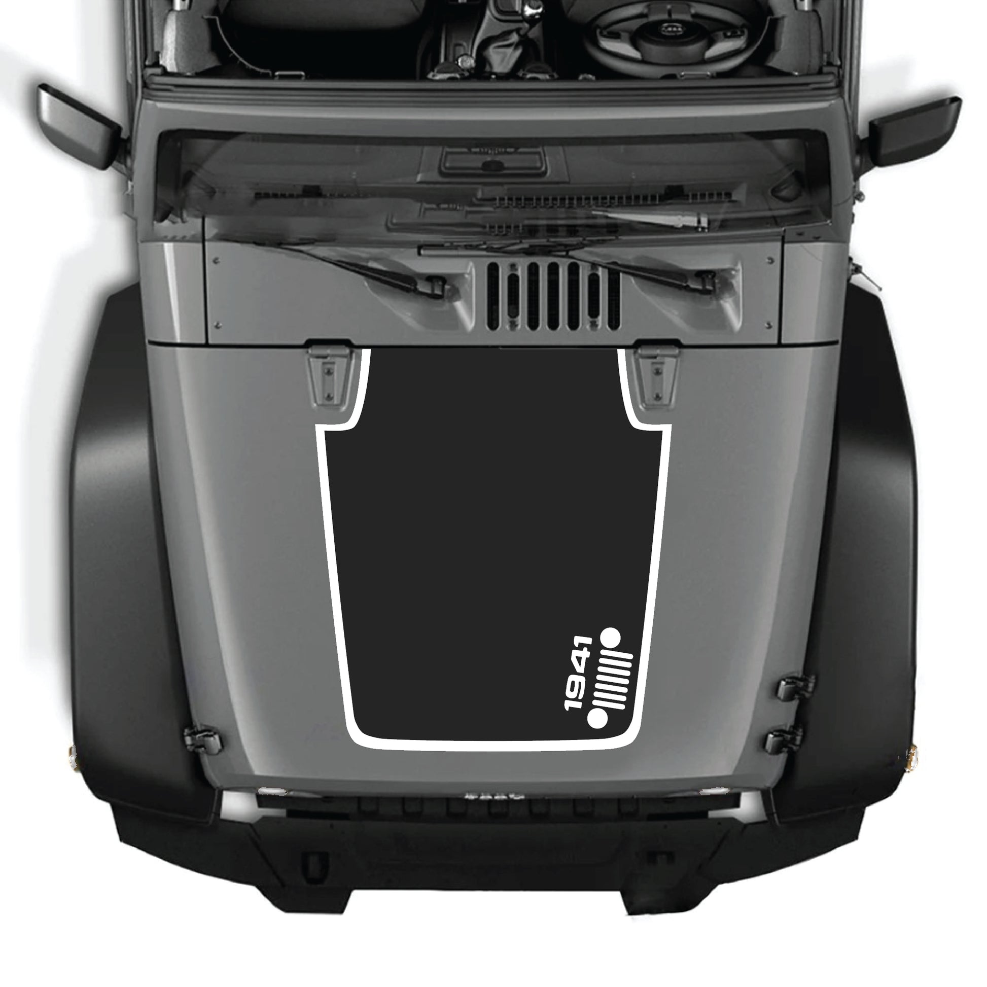 Right side hood decal with 1941 Jeep grill border graphic for Jeep Wrangler JK JKU 2007-2018, made from premium vinyl by CarCode.