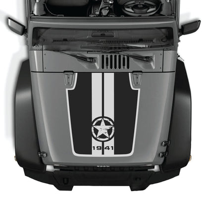 Jeep Wrangler JK hood decal with 1941 star and stripes border graphic in black and white vinyl by CarCode