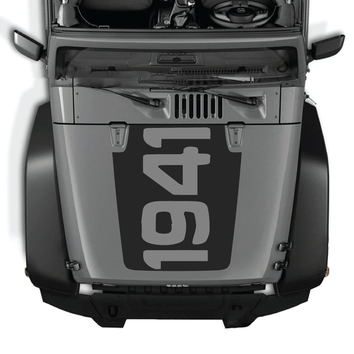 Jeep Wrangler JK hood decal with 1941 graphic kit from CarCode, made of premium vinyl, applied on vehicle's hood.