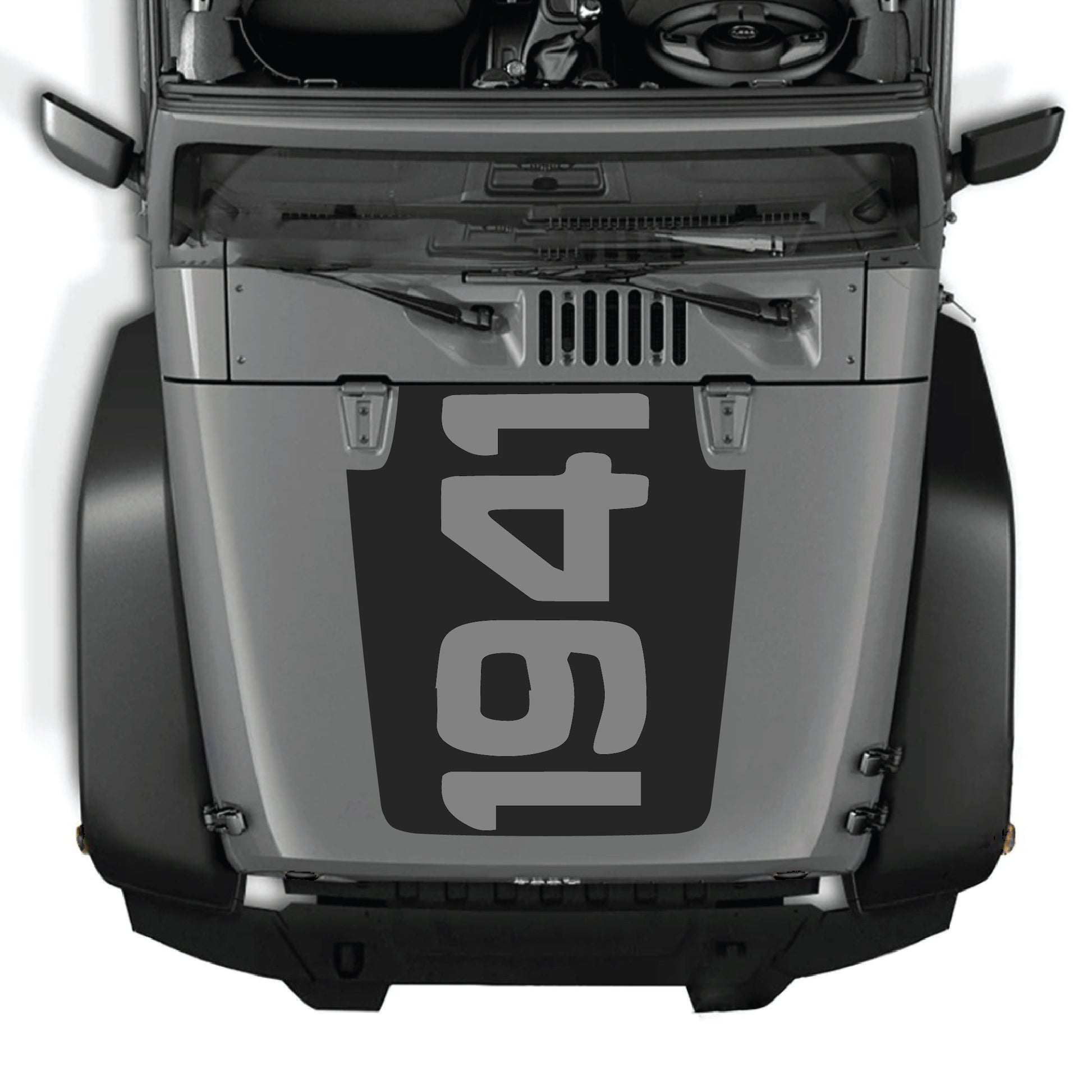 Jeep Wrangler JK hood decal with 1941 graphic kit from CarCode, made of premium vinyl, applied on vehicle's hood.