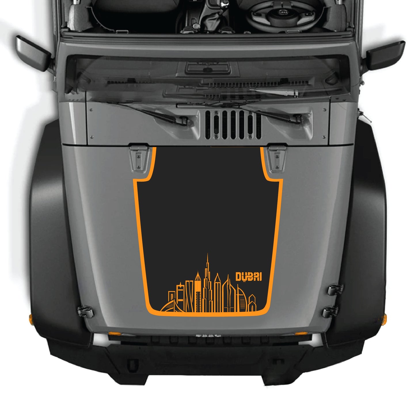 Dubai border hood decal sticker for Jeep Wrangler JK JKU by CarCode, made of premium vinyl, featuring a bold Dubai graphic design.