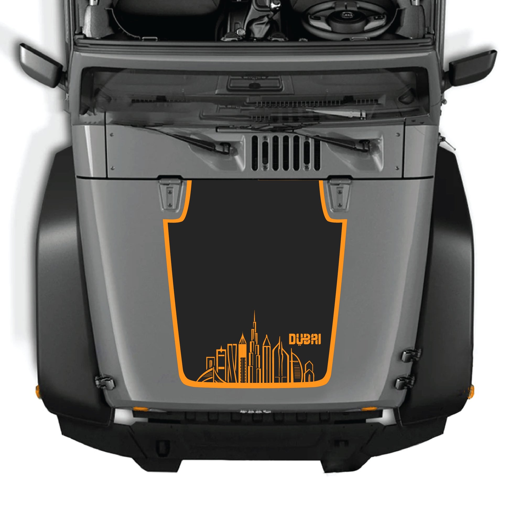 Dubai border hood decal sticker for Jeep Wrangler JK JKU by CarCode, made of premium vinyl, featuring a bold Dubai graphic design.