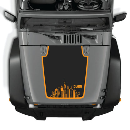 Dubai border hood decal sticker for Jeep Wrangler JK JKU by CarCode, made of premium vinyl, featuring a bold Dubai graphic design.