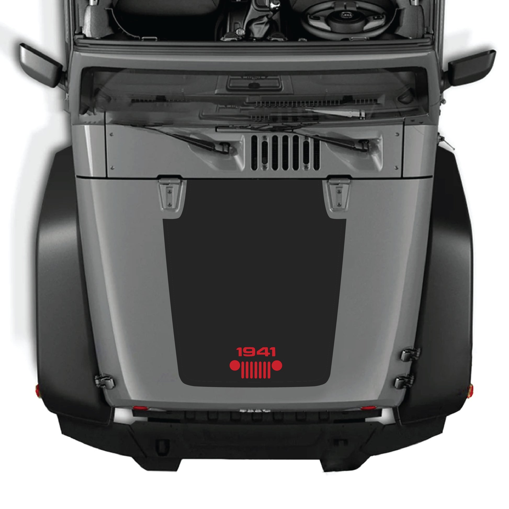 Jeep Wrangler JK hood decal featuring 1941 grill graphic from CarCode, made of durable premium vinyl, for 2007-2018 models.