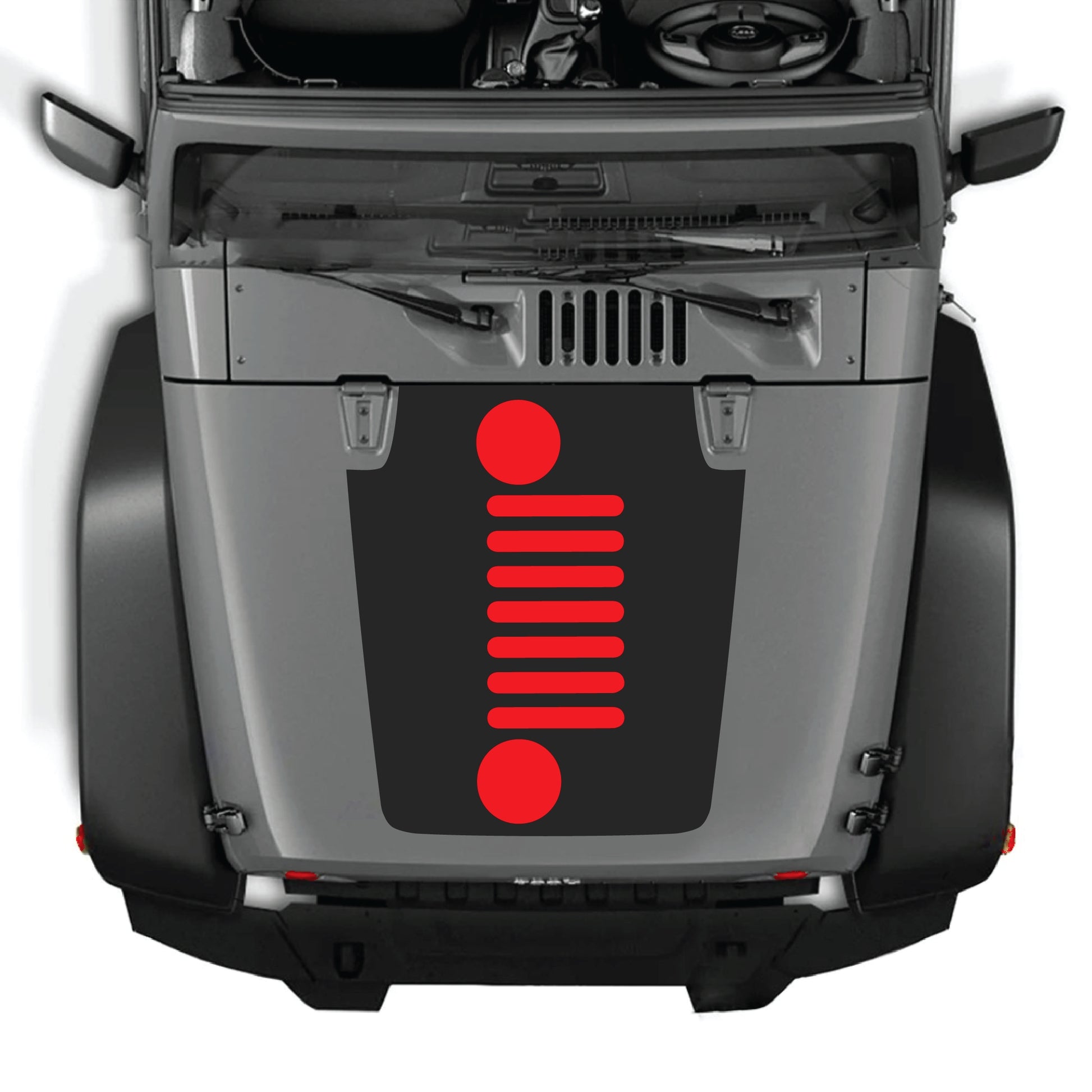 Vertical grill decal graphic kit for Jeep Wrangler JK JKU, premium vinyl hood panel sticker by CarCode, fits 2007-2018 models.